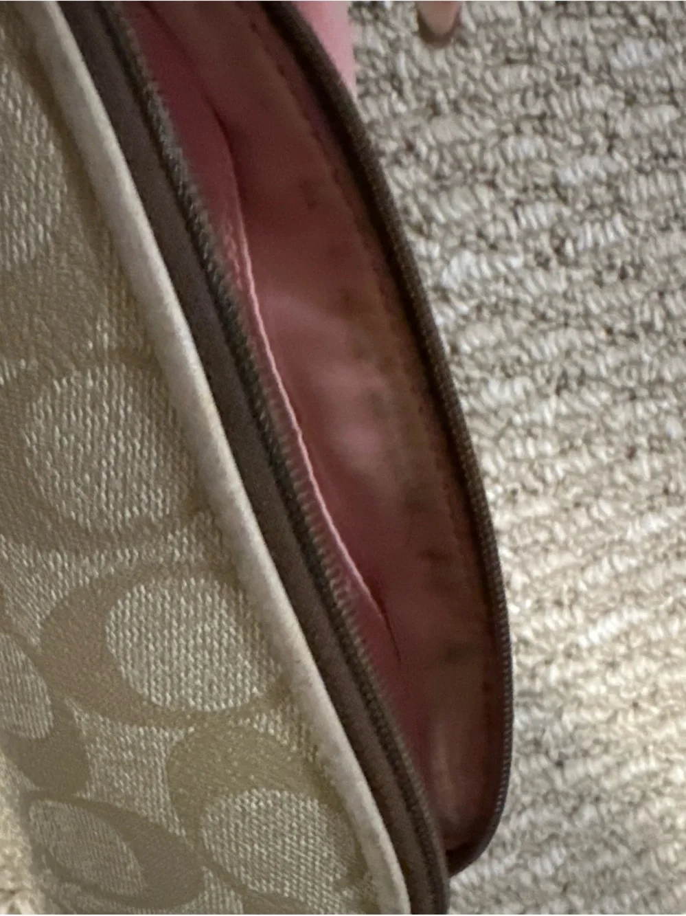 Coach Khaki Cosmetic Pouch with Pink and Cream Stripe